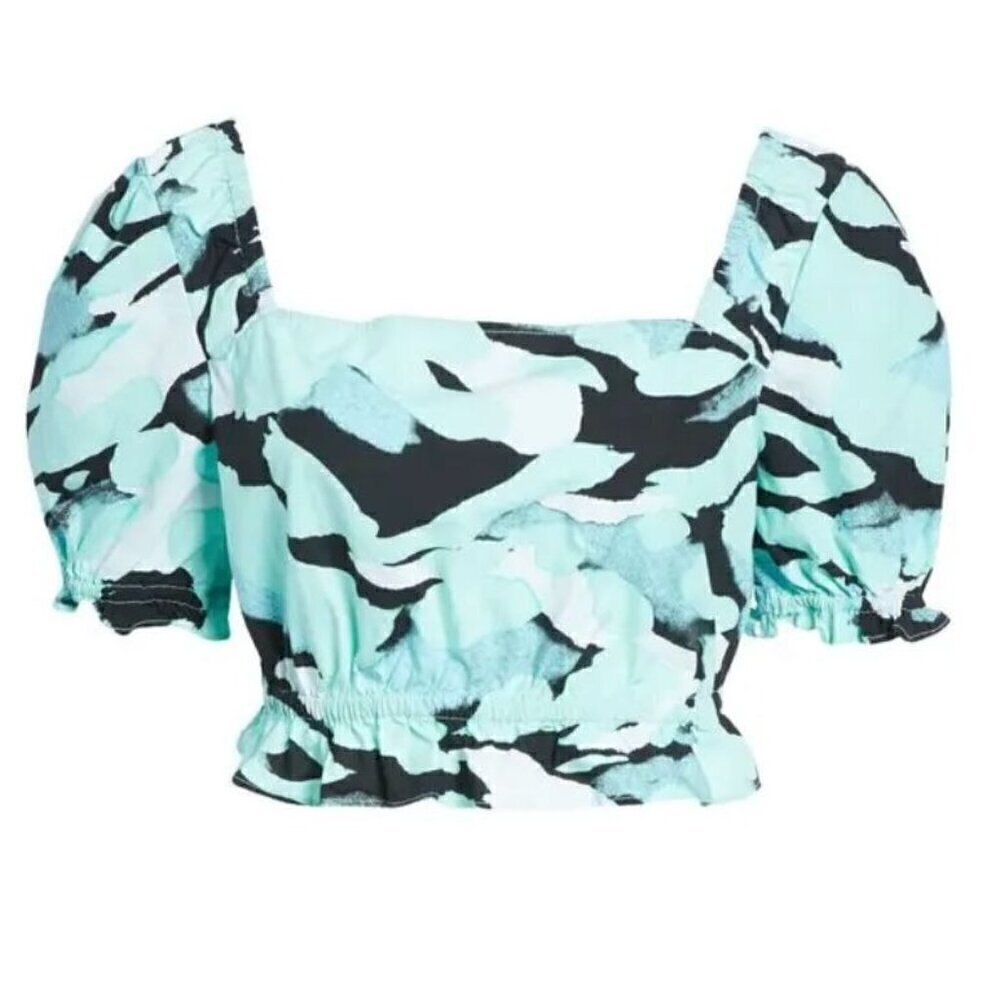NWT BP by Nordstrom Print Square Neck Ruffle Crop Top in Black- Green Painted Ca